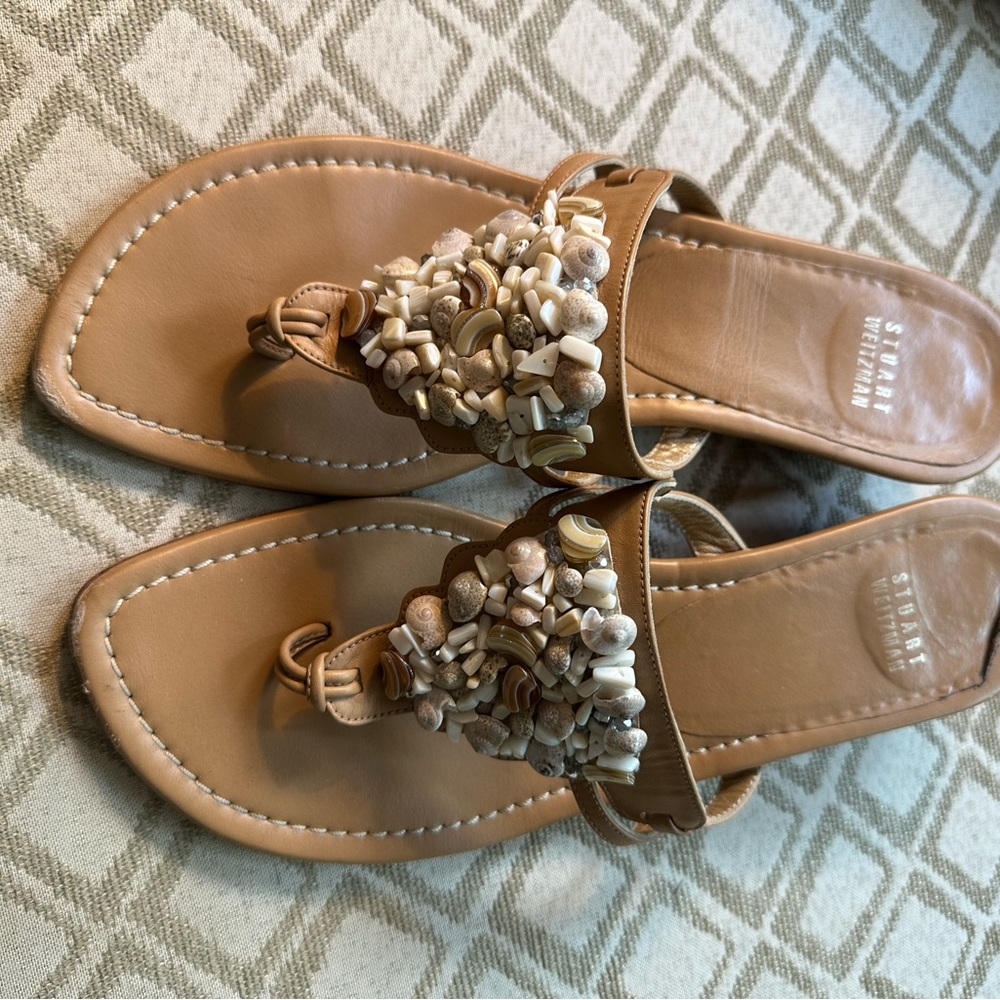 Stuart Weitzman Sandals with Low Wedge/ Shells & Pebble Embellishment-Size 8.5